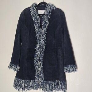 Wilsons Leather XL Suede Penny Lane Coat Fringe Y2K Boho Duster Blue